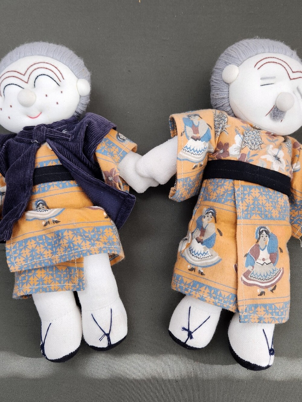 2 Vintage Japanese Couple Village Elders Plush Cloth Doll Man Woman 11" Worn